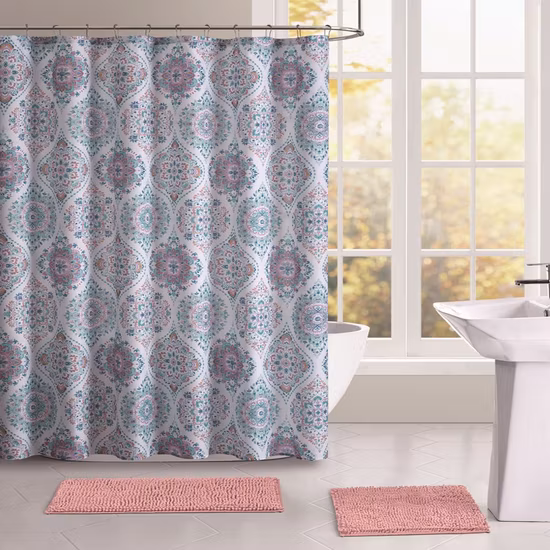 Cortina de chuveiro de tecido de mistura de poliéster waffle tecer ilhós de metal à prova de ferrugem chuveiros de banheiro